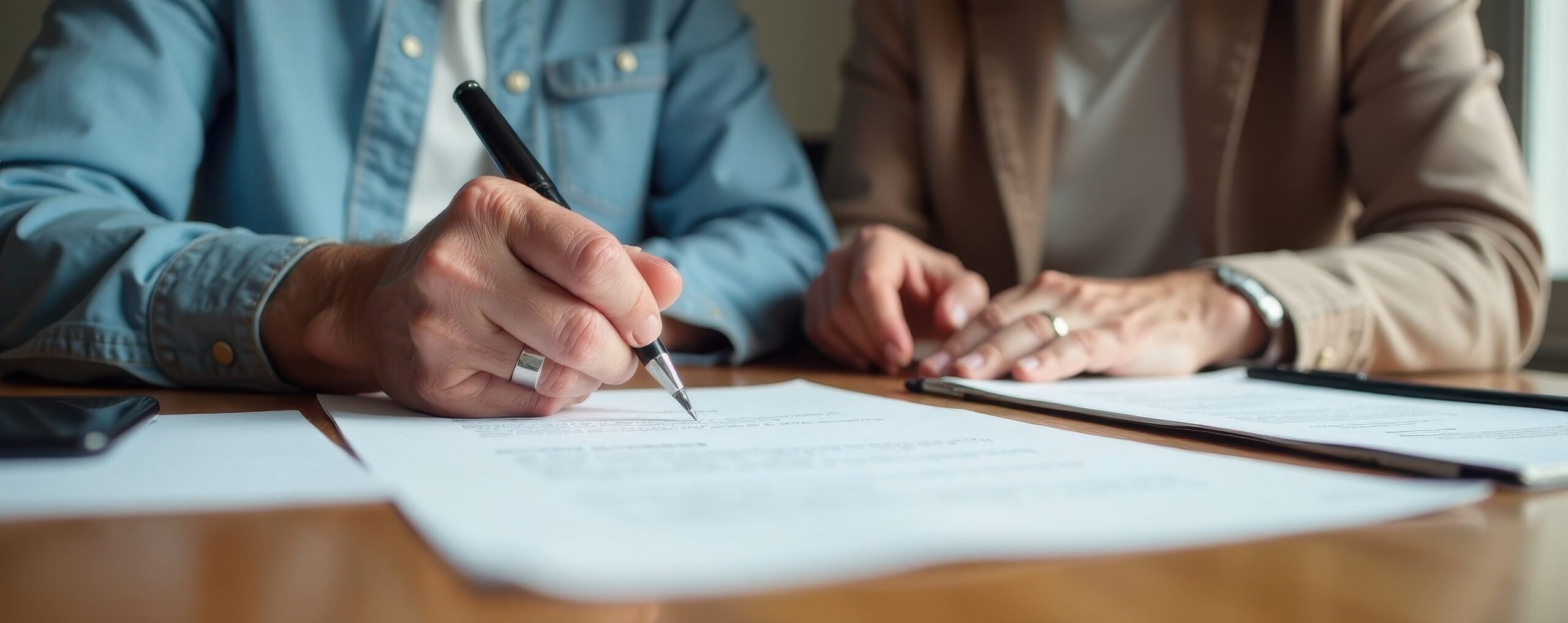 Elderly couple's hands signing document at desk, power of attorney, paper